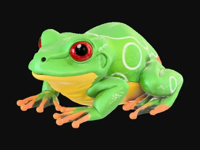 3D model for A high-quality 3D render in a chunky world of warcraft/blizzard art style. Use the exact same pose, proportions, body alignment, and camera angle as the reference: a clean left-side orthographic profile with zero perspective distortion. The creature lies completely flat on its belly with its head resting fully on the ground, neck extended forward, body forming a perfectly straight horizontal line from nose to tail, and all four legs splayed outward in a relaxed, natural position. The front legs angle slightly forward and outward, and the back legs angle slightly backward and outward. Maintain perfect left-right symmetry, smooth rounded shapes, simple soft lighting, and a neutral background. Now recreate this same fixed pose and style, but as a tree frog, keeping the vinyl texture
