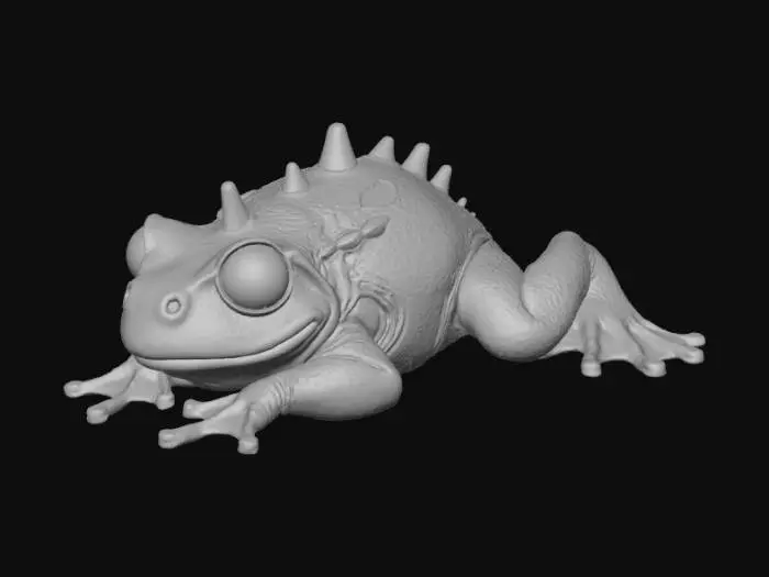 3D model for A high-quality 3D render in a chunky world of warcraft/blizzard art style. Use the exact same pose, proportions, body alignment, and camera angle as the reference: a clean left-side orthographic profile with zero perspective distortion. The creature lies completely flat on its belly with its head resting fully on the ground, neck extended forward, body forming a perfectly straight horizontal line from nose to tail, and all four legs splayed outward in a relaxed, natural position. The front legs angle slightly forward and outward, and the back legs angle slightly backward and outward. Maintain perfect left-right symmetry, smooth rounded shapes, simple soft lighting, and a neutral background. Now recreate this same fixed pose and style, but as a tree frog, keeping the vinyl texture
