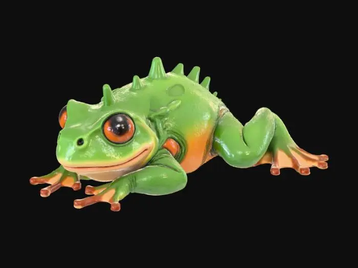 3D model for A high-quality 3D render in a chunky world of warcraft/blizzard art style. Use the exact same pose, proportions, body alignment, and camera angle as the reference: a clean left-side orthographic profile with zero perspective distortion. The creature lies completely flat on its belly with its head resting fully on the ground, neck extended forward, body forming a perfectly straight horizontal line from nose to tail, and all four legs splayed outward in a relaxed, natural position. The front legs angle slightly forward and outward, and the back legs angle slightly backward and outward. Maintain perfect left-right symmetry, smooth rounded shapes, simple soft lighting, and a neutral background. Now recreate this same fixed pose and style, but as a tree frog, keeping the vinyl texture