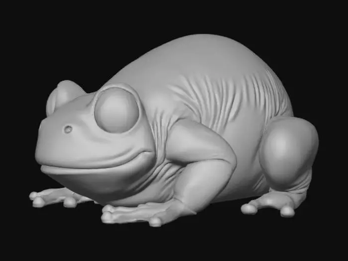 3D model for A high-quality 3D render in a chunky world of warcraft/blizzard art style. Use the exact same pose, proportions, body alignment, and camera angle as the reference: a clean left-side orthographic profile with zero perspective distortion. The creature lies completely flat on its belly with its head resting fully on the ground, neck extended forward, body forming a perfectly straight horizontal line from nose to tail, and all four legs splayed outward in a relaxed, natural position. The front legs angle slightly forward and outward, and the back legs angle slightly backward and outward. Maintain perfect left-right symmetry, smooth rounded shapes, simple soft lighting, and a neutral background. Now recreate this same fixed pose and style, but as a frog, keeping the vinyl texture