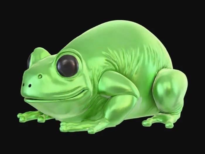 3D model for A high-quality 3D render in a chunky world of warcraft/blizzard art style. Use the exact same pose, proportions, body alignment, and camera angle as the reference: a clean left-side orthographic profile with zero perspective distortion. The creature lies completely flat on its belly with its head resting fully on the ground, neck extended forward, body forming a perfectly straight horizontal line from nose to tail, and all four legs splayed outward in a relaxed, natural position. The front legs angle slightly forward and outward, and the back legs angle slightly backward and outward. Maintain perfect left-right symmetry, smooth rounded shapes, simple soft lighting, and a neutral background. Now recreate this same fixed pose and style, but as a frog, keeping the vinyl texture