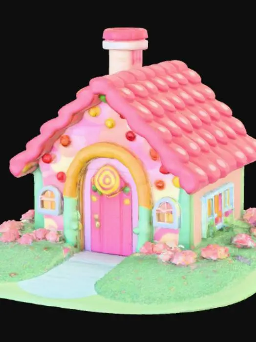 3D model for High detail, candy land theme, detailed landscape, with a candy themed house.