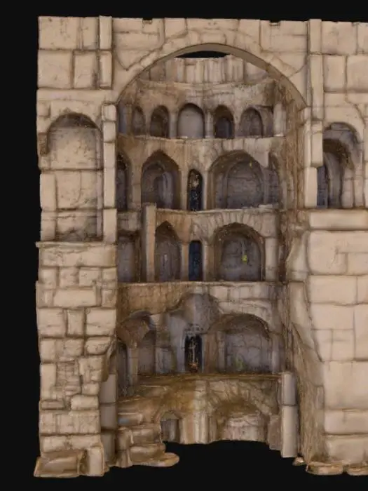 3D model for High detail, anime style, multi-tiered dungeon, layers seperated by dirt, viewing multiple levels from the side, as if the dungeon floors were seen from a screen.