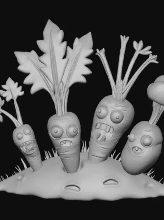 3D model for High detail,  cartoon, Zombie vegetables, coming out of the ground.