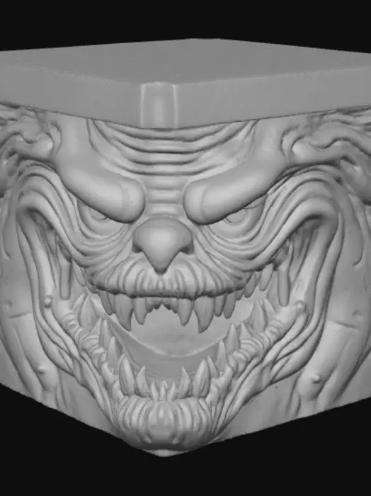 3D model for High detail, square empty container, with square lid, with a embossed monster face.