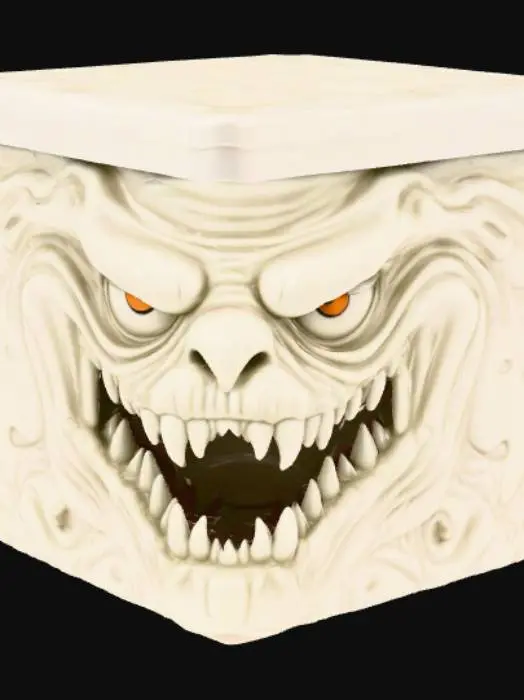 3D model for High detail, square empty container, with square lid, with a embossed monster face.