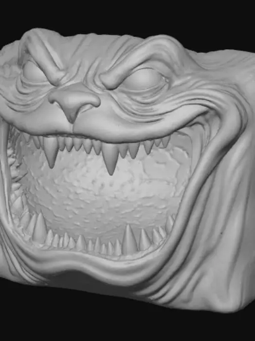 3D model for High detail, square empty container, with square lid, with a embossed monster face.