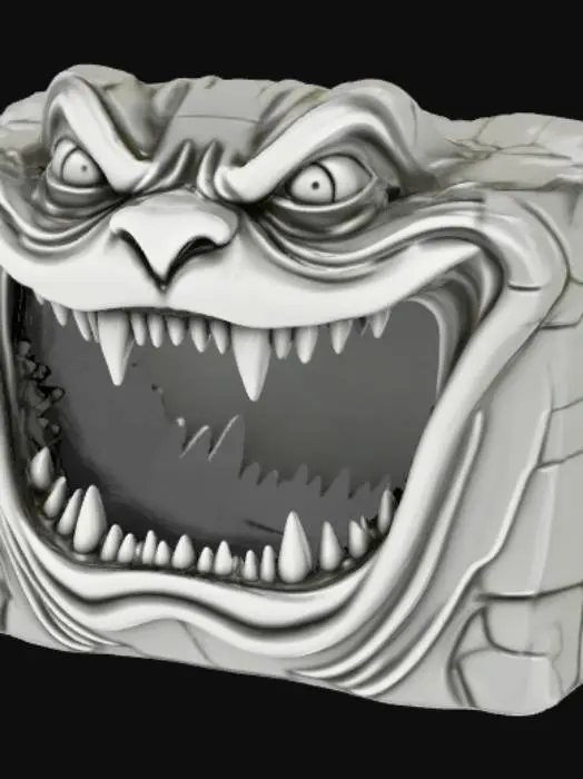 3D model for High detail, square empty container, with square lid, with a embossed monster face.