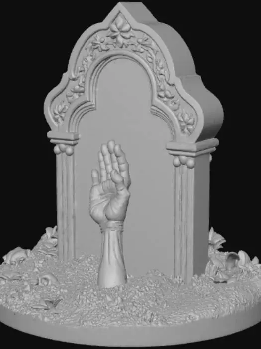 3D model for High detail, grave, with stone headstone, zombified hand coming out of the dirt, #Halloween2025#