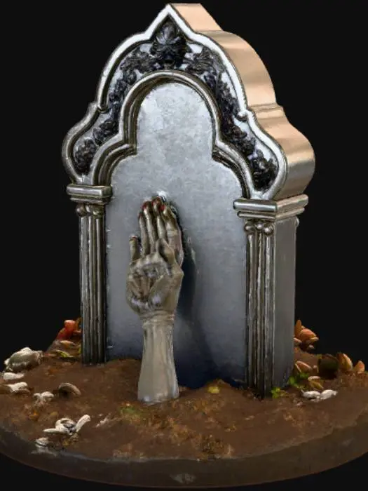 3D model for High detail, grave, with stone headstone, zombified hand coming out of the dirt, #Halloween2025#