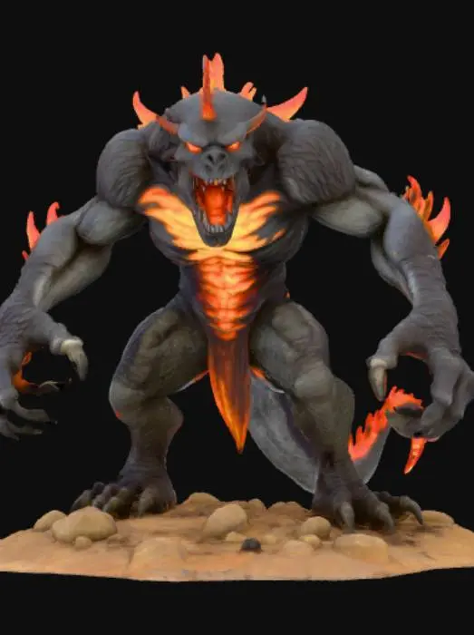 3D model for Scorched earth monster, standing on scorched earth landscape base.