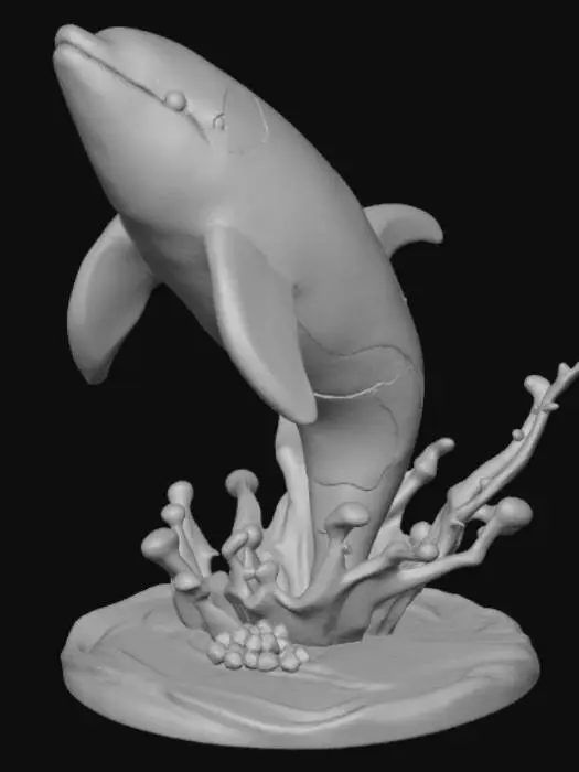 3D model for Orca whale jumping out of the sea figurine, with water flowing off the orca, on a high detailed stand.