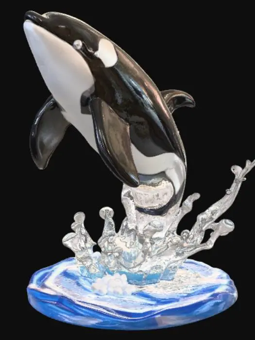 3D model for Orca whale jumping out of the sea figurine, with water flowing off the orca, on a high detailed stand.