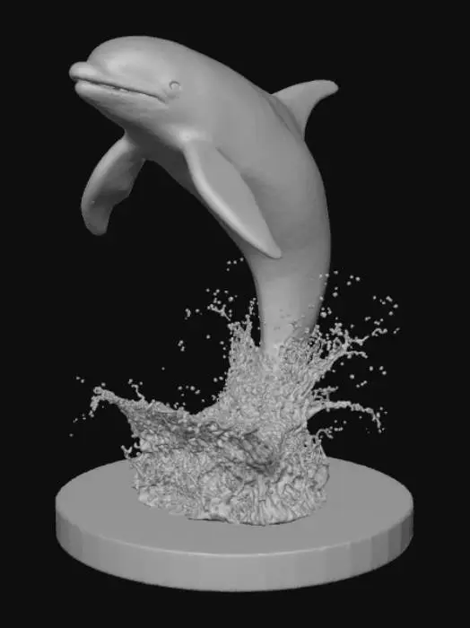 3D model for Orca whale jumping out of the sea figurine, with water flowing off the orca, on a high detailed stand.