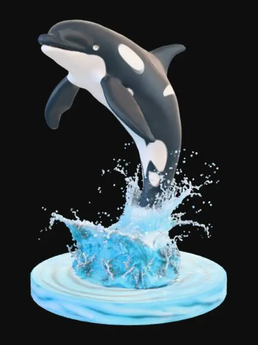 3D model for Orca whale jumping out of the sea figurine, with water flowing off the orca, on a high detailed stand.