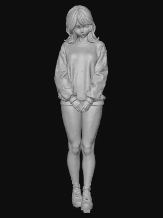 3D model for Anime style female figure, wearing only a sweatshirt, shy, with a large bust.