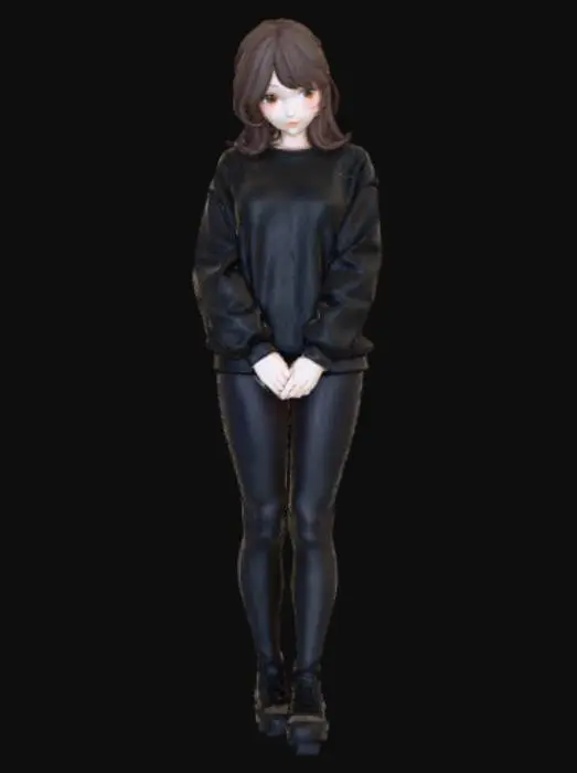 3D model for Anime style female figure, wearing only a sweatshirt, shy, with a large bust.