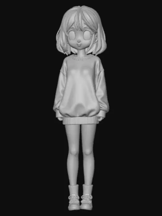 3D model for Anime style female figure, wearing only a sweatshirt, shy, with a large bust.