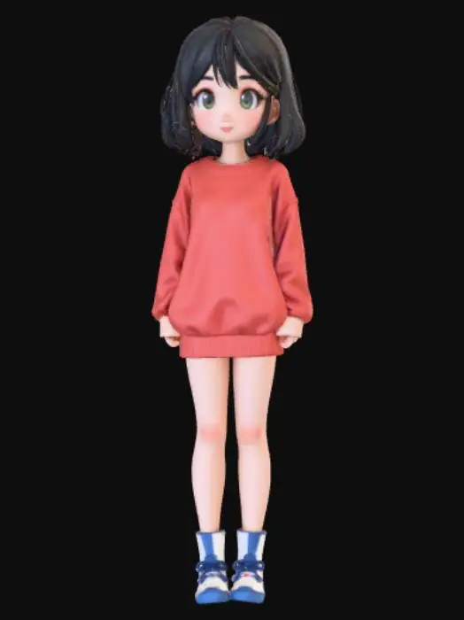3D model for Anime style female figure, wearing only a sweatshirt, shy, with a large bust.