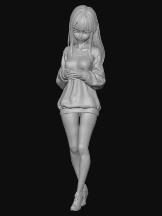 3D model for Anime style female figure, wearing only a sweatshirt, shy.