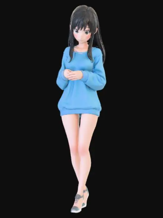 3D model for Anime style female figure, wearing only a sweatshirt, shy.
