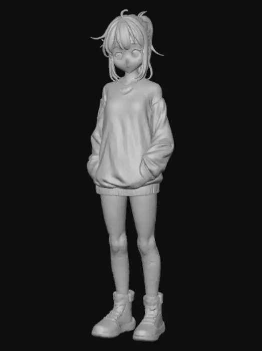 3D model for Anime style female figure, wearing only a sweatshirt, shy.