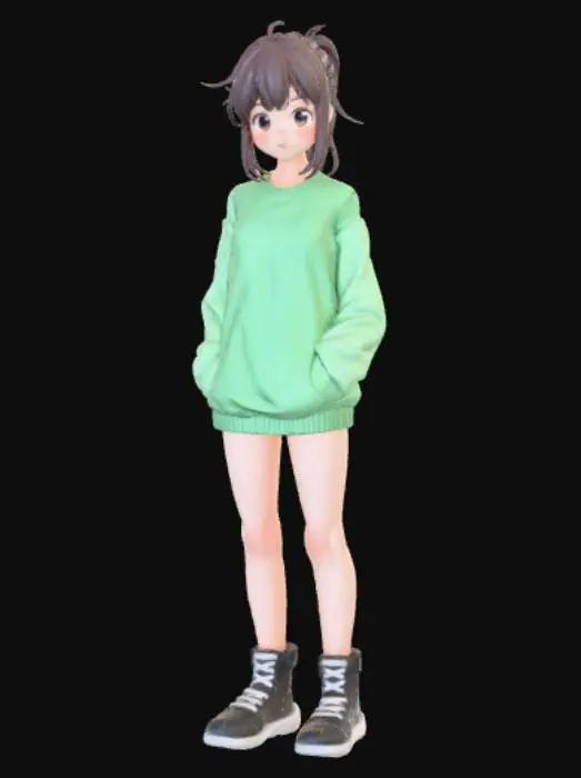 3D model for Anime style female figure, wearing only a sweatshirt, shy.
