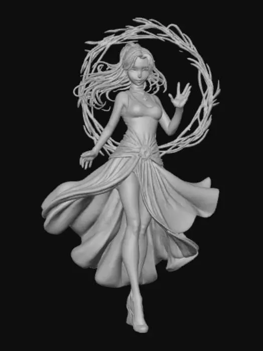 3D model for Magical Annihilation Female Anime Figure, In Magical Pose, Elemental Summoning Circle attached to the landscape base.