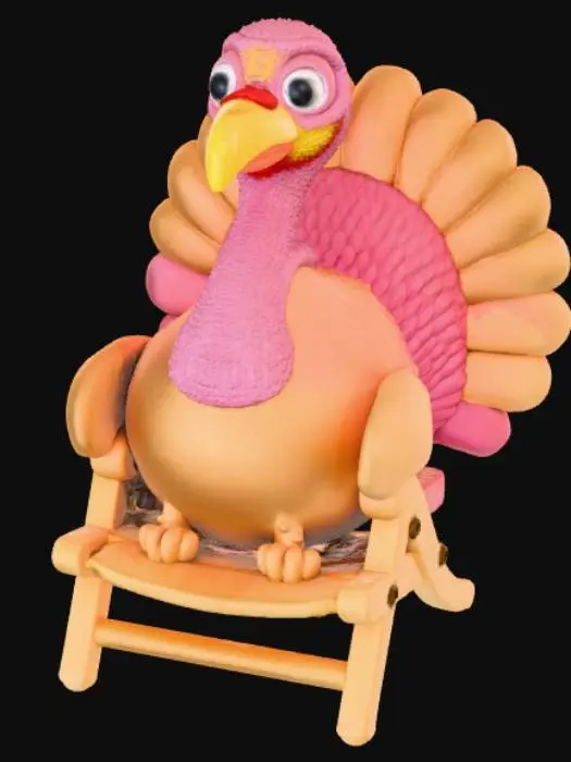 3D model for High detail, #Thanksgiving# turkey relaxing on beach chair with lemonade.