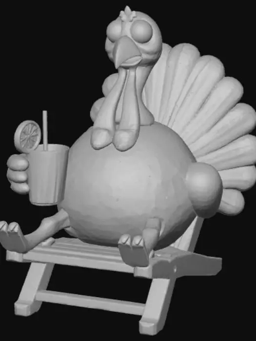 3D model for High detail, #Thanksgiving# turkey relaxing on beach chair with lemonade.