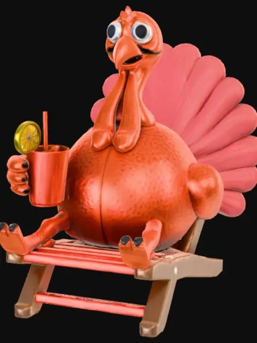 3D model for High detail, #Thanksgiving# turkey relaxing on beach chair with lemonade.