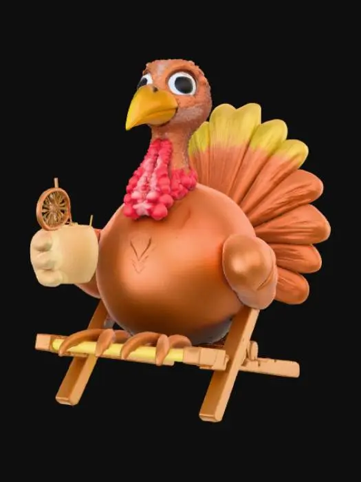 3D model for High detail, #Thanksgiving# turkey relaxing on beach chair with lemonade.