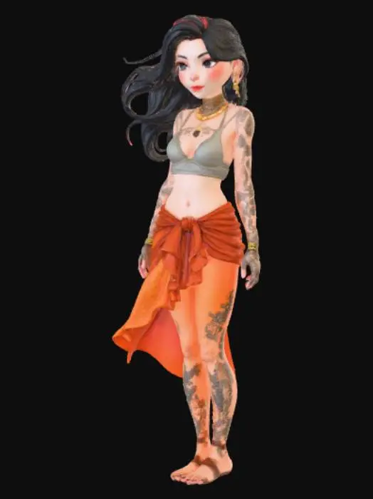 3D model for Anime style, Henna Tattooed female, on landscape base.
