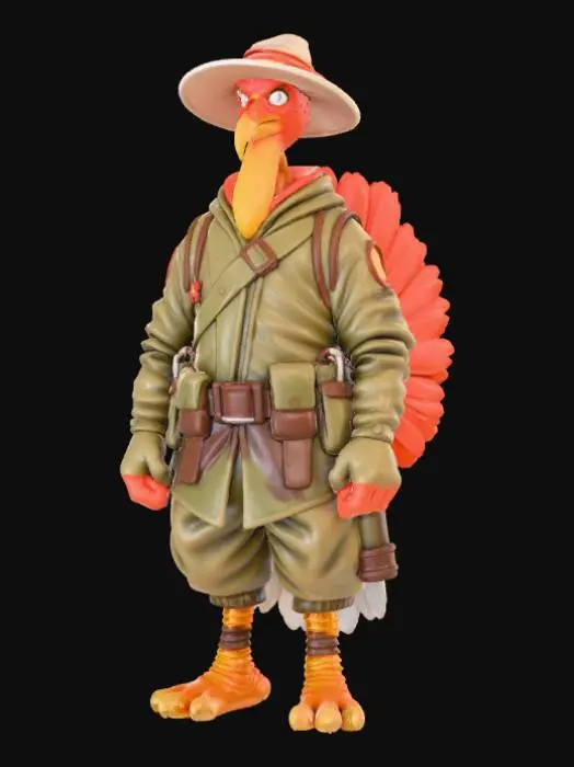 3D model for High detail, turkey cartoon ninja, standing on a high detailed, landscape base, #Thanksgiving#