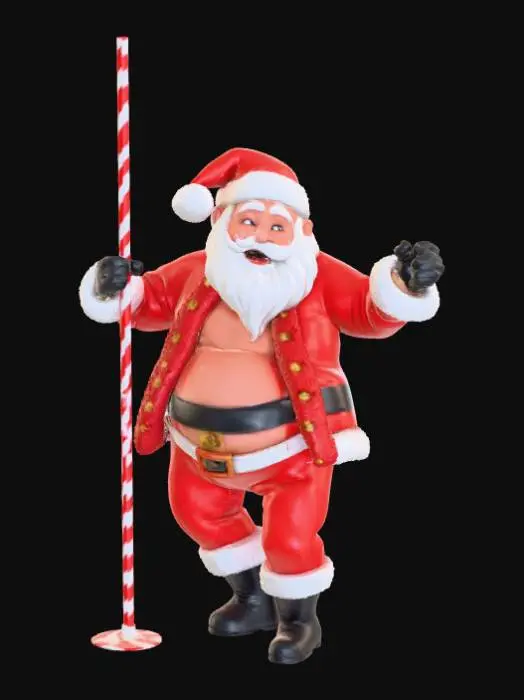 3D model for Santa claus dancing hanging onto a pole, jacket open showing off his belly, candy canes scattered on the stage at his feet, #Christmas2025#