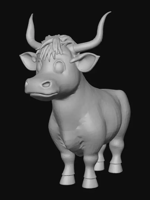 3D model for A high-quality 3D render in a chunky world of warcraft/blizzard art style. Use the exact same pose, proportions, body alignment, and camera angle as the reference: a clean left-side orthographic profile with zero perspective distortion. The creature lies completely flat on its belly with its head resting fully on the ground, neck extended forward, body forming a perfectly straight horizontal line from nose to tail, and all four legs splayed outward in a relaxed, natural position. The front legs angle slightly forward and outward, and the back legs angle slightly backward and outward. Maintain perfect left-right symmetry, smooth rounded shapes, simple soft lighting, and a neutral background. Now recreate this same fixed pose and style, but as a highland cow, keeping the vinyl texture