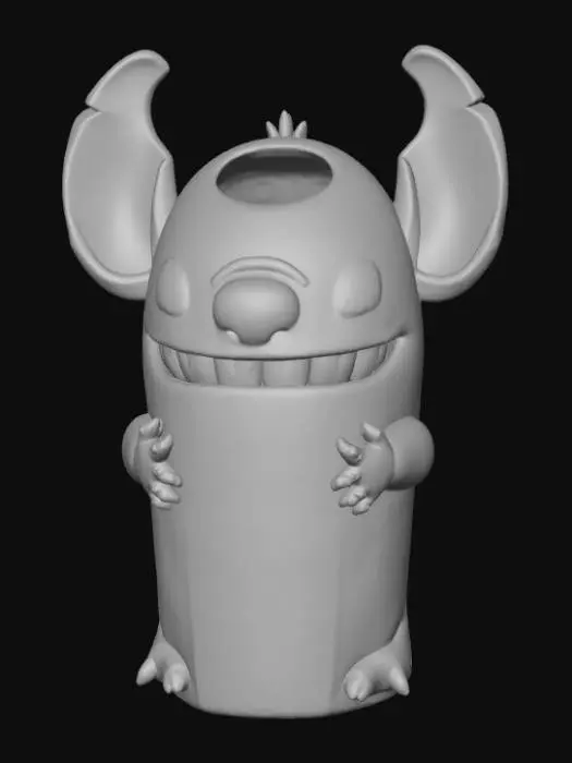 3D model for High detail, waste bin, large hollow hole in the top, designed like Stitch