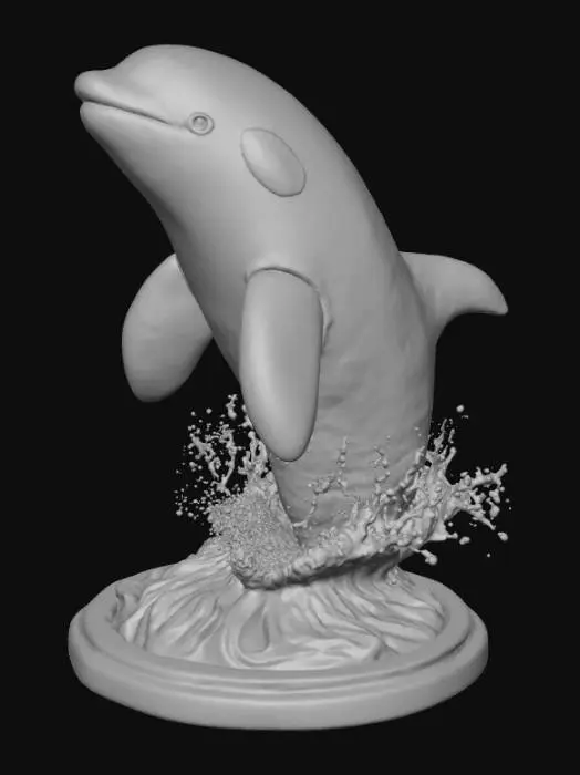 3D model for High detail, Orca coming out of the water, tabletop decoration, with detailed splashing water, connected to a wooden base.