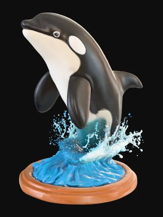 3D model for High detail, Orca coming out of the water, tabletop decoration, with detailed splashing water, connected to a wooden base.