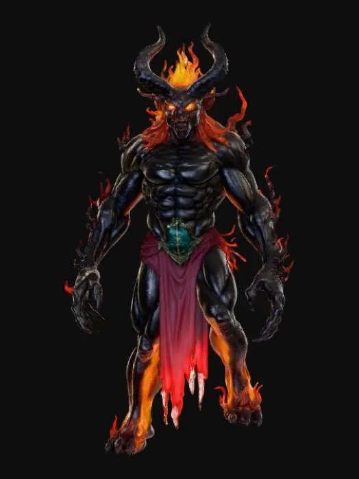 3D model for High Detailed, Fantasy, Thousand Eyed Demon King, standing on a hellfire landscape base.