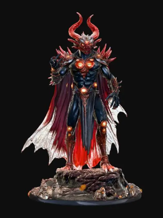 3D model for High Detailed, Fantasy, Thousand Eyed Demon King, standing on a hellfire landscape base.