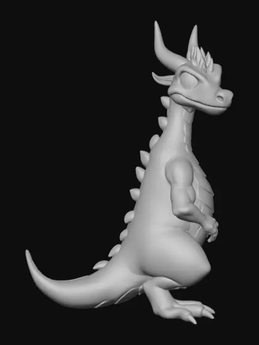 3D model for Create a high-quality 3D render in a chunky world of warcraft/blizzard art style. Use the exact same pose, proportions, body alignment, and camera angle as the reference: a clean left-side orthographic profile with zero perspective distortion. The creature lies completely flat on its belly with its head resting fully on the ground, neck extended forward, body forming a perfectly straight horizontal line from nose to tail, and all four legs splayed outward in a relaxed, natural position. The front legs angle slightly forward and outward, and the back legs angle slightly backward and outward. Maintain perfect left-right symmetry, smooth rounded shapes, simple soft lighting, and a neutral background. Now recreate this same fixed pose and style, but as a dragon, keeping the vinyl texture