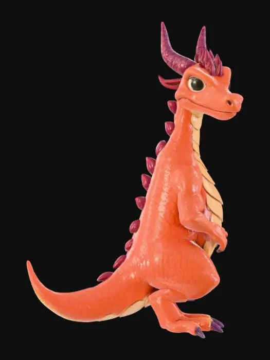 3D model for Create a high-quality 3D render in a chunky world of warcraft/blizzard art style. Use the exact same pose, proportions, body alignment, and camera angle as the reference: a clean left-side orthographic profile with zero perspective distortion. The creature lies completely flat on its belly with its head resting fully on the ground, neck extended forward, body forming a perfectly straight horizontal line from nose to tail, and all four legs splayed outward in a relaxed, natural position. The front legs angle slightly forward and outward, and the back legs angle slightly backward and outward. Maintain perfect left-right symmetry, smooth rounded shapes, simple soft lighting, and a neutral background. Now recreate this same fixed pose and style, but as a dragon, keeping the vinyl texture