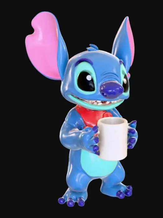 3D model for High detail, Stitch Happily Drinking A Ceramic Mug of Coffee.