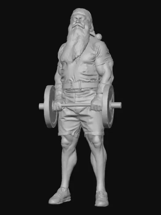 3D model for High detail, Buff Santa Claus lifting weights, standing on high detailed snowy landscape base.