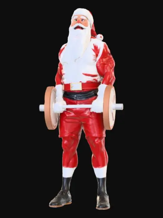 3D model for High detail, Buff Santa Claus lifting weights, standing on high detailed snowy landscape base.
