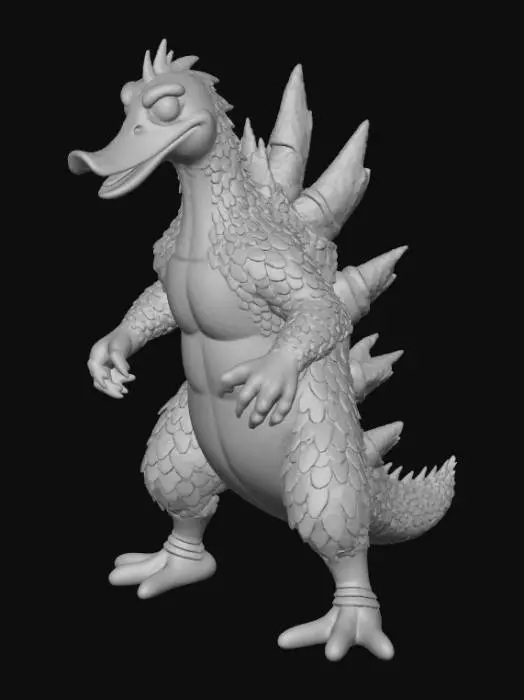 3D model for High detail, Duckzilla, standing on a broken rubble road base.
