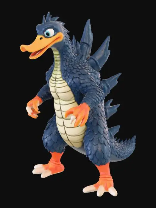 3D model for High detail, Duckzilla, standing on a broken rubble road base.