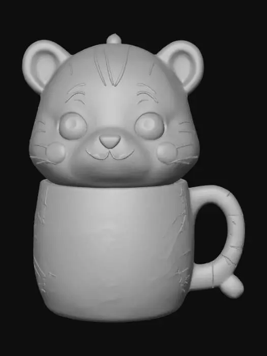 3D model for Low detail, ceramic mug, designed like a playful kawaii tiger cub