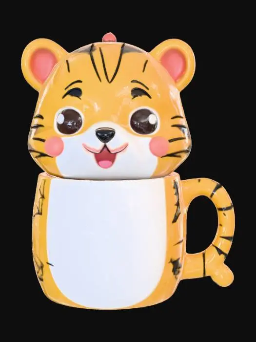 3D model for Low detail, ceramic mug, designed like a playful kawaii tiger cub